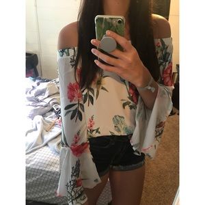 White Floral Off the Shoulder Bell Sleeve Top